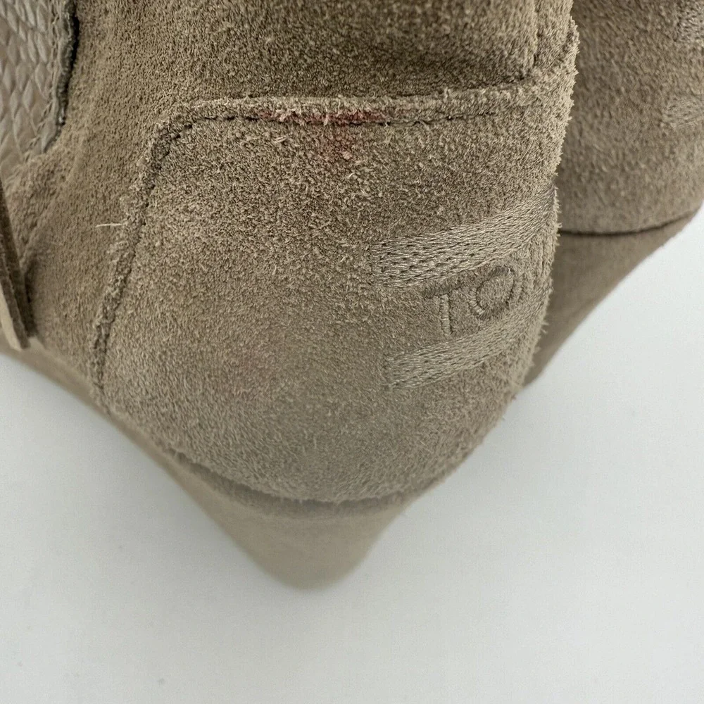 TOMS Taupe Suede & Faux Croc Leather Heeled Ankle Boots Zip Closure Women's Sz 8